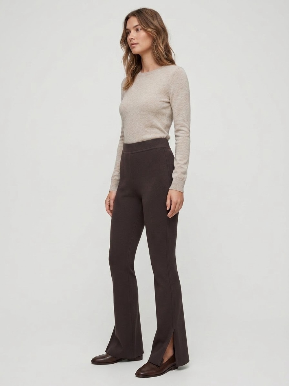 Aritzia TEN by Babaton High-Waisted Split Hem Flared Knit Pants in Brown